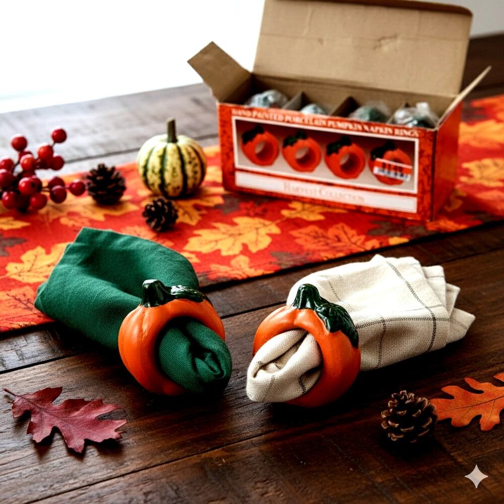 Vintage 1990s Hand-Painted Pumpkin Napkin Rings (Set of 4) w/ Box